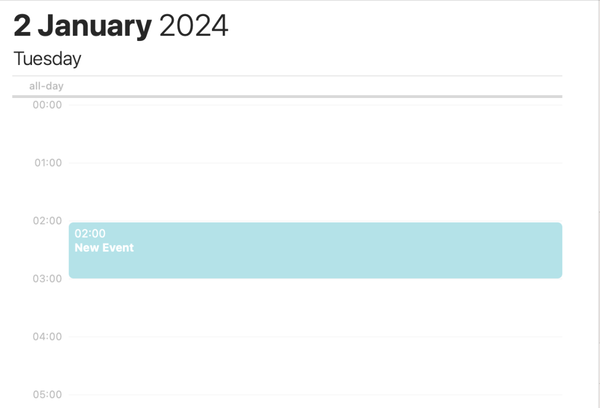 A light blue event block titled 'New Event' scheduled from 2:00 AM on a calendar view for January 2, 2024—ideal for demonstrating scheduling functionality in time management apps.