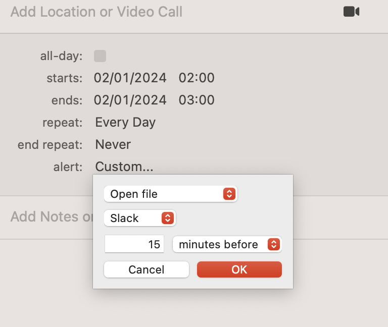 Custom alert dialog box with 'Slack' pre-selected and a field to set a reminder '15 minutes before' the event—ideal for demonstrating integration between calendar and communication platforms.