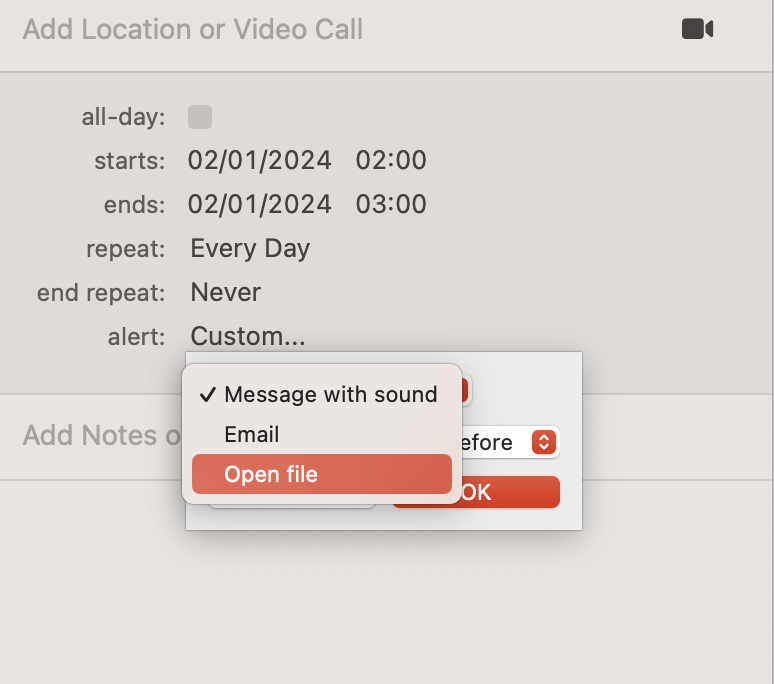 Alert customization menu in an iCal event showing 'Open file' selected with other options including 'Email' and 'Message with sound'—useful for articles on customizing event notifications.