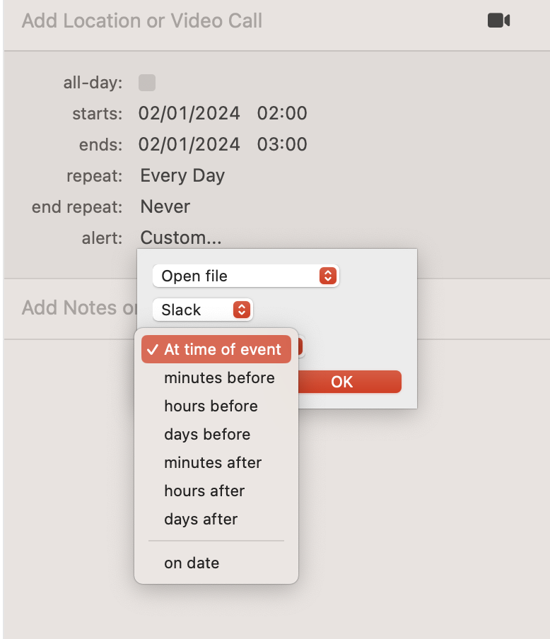 Custom alert dialog in an iCal event showing an open file action linked to Slack, with 'At time of event' highlighted in red as the selected alert time—ideal for demonstrating alert options in tutorials on calendar event notifications.