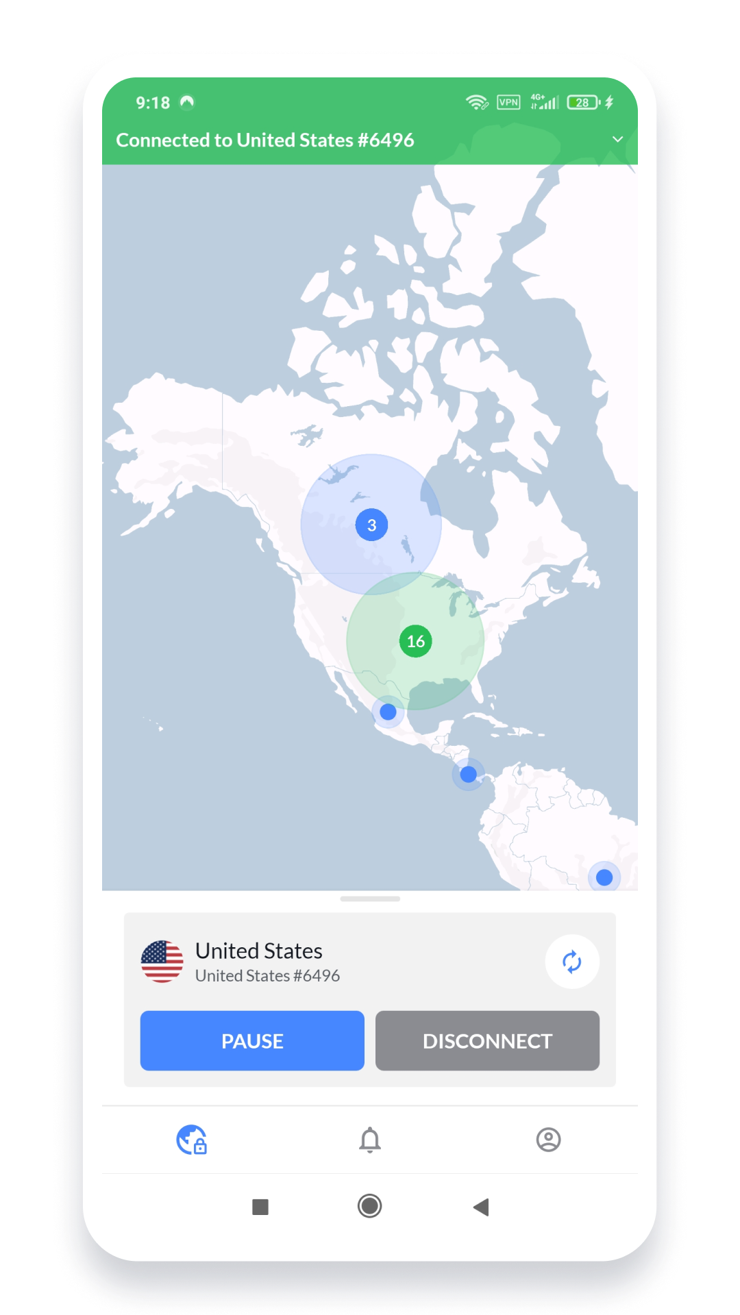 Screenshot of a VPN mobile app displaying a map of the United States with numbered circles indicating available servers in various locations. The top of the screen shows connectivity status to server #6496 in the United States, emphasizing affordable VPN options.