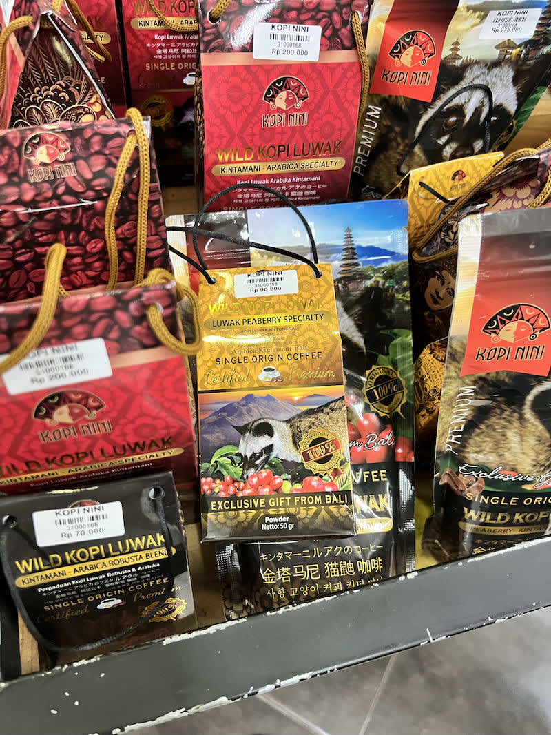 A display of various packaged Kopi Luwak coffee products on a store shelf, including options like Wild Kopi Luwak Arabica Specialty, Kopi Nini, and an 'Exclusive Gift from Bali' with images of civets and Indonesian landmarks. Prices are visible in Indonesian Rupiah, highlighting the tourism-oriented marketing of these products.
