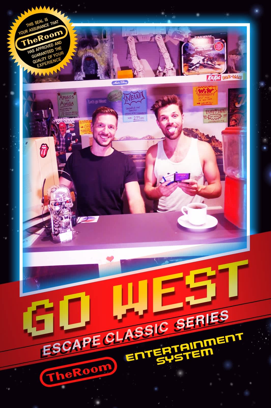 Two men smiling inside the quirky and colorful 'Go West' escape room in Berlin, surrounded by retro decor and arcade games, reflecting the city’s love for alternative entertainment.