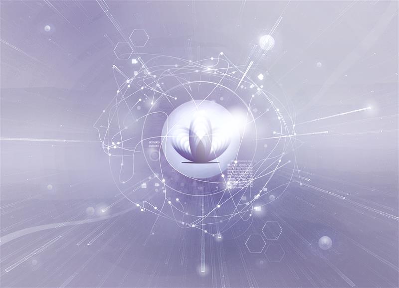 Abstract digital illustration of a sacredspace symbol surrounded by glowing network lines and tech elements