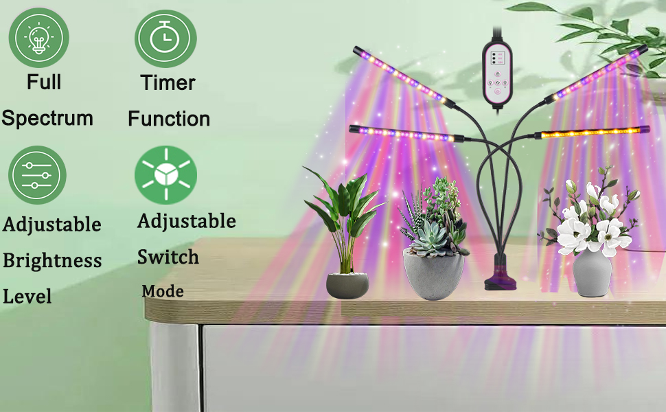 Y2Konexi Clip-On 4-Head Grow Lights for Indoor Plants with 4/8/12H
