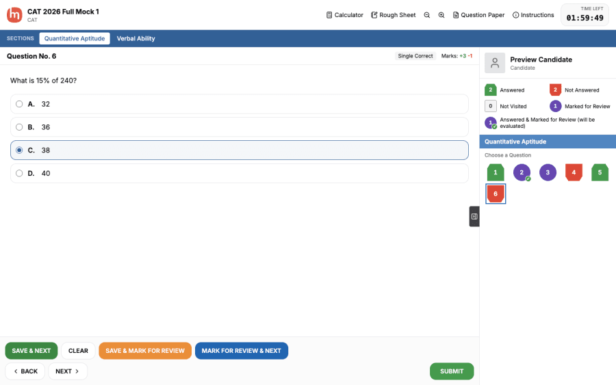 JEE-style computer-based test screen on MyExamTrack