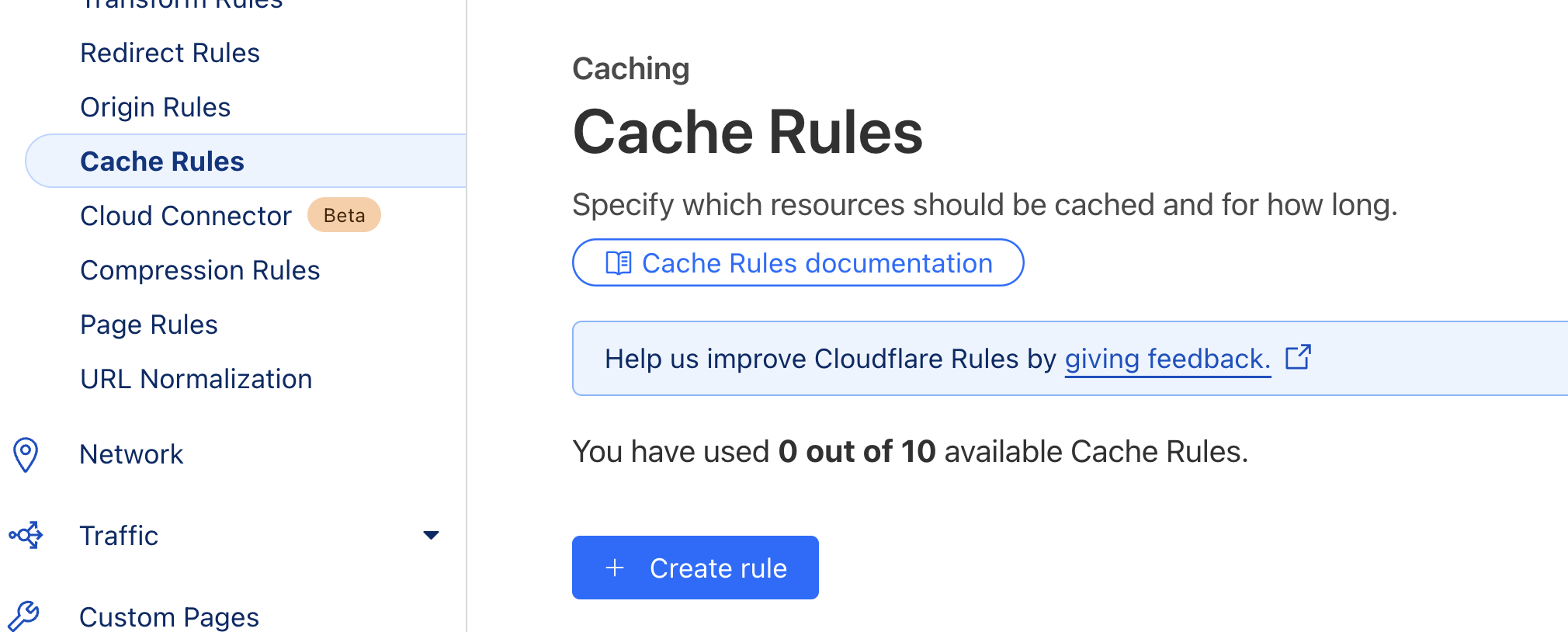 Cloudflare caching configuration dashboard showing various settings