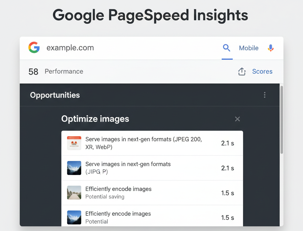 Google PageSpeed Insights showing image optimization opportunities