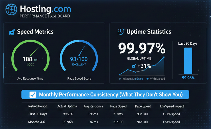 Hosting.com Performance Dashboard showing speed metrics and uptime statistics