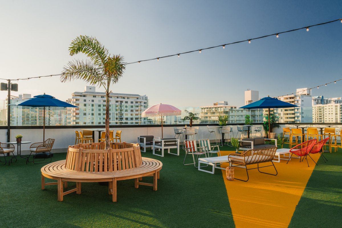Lounge and Bar at Rooftop Cinema Club South Beach Miami — open air rooftop cinema overlooking the South Beach skyline