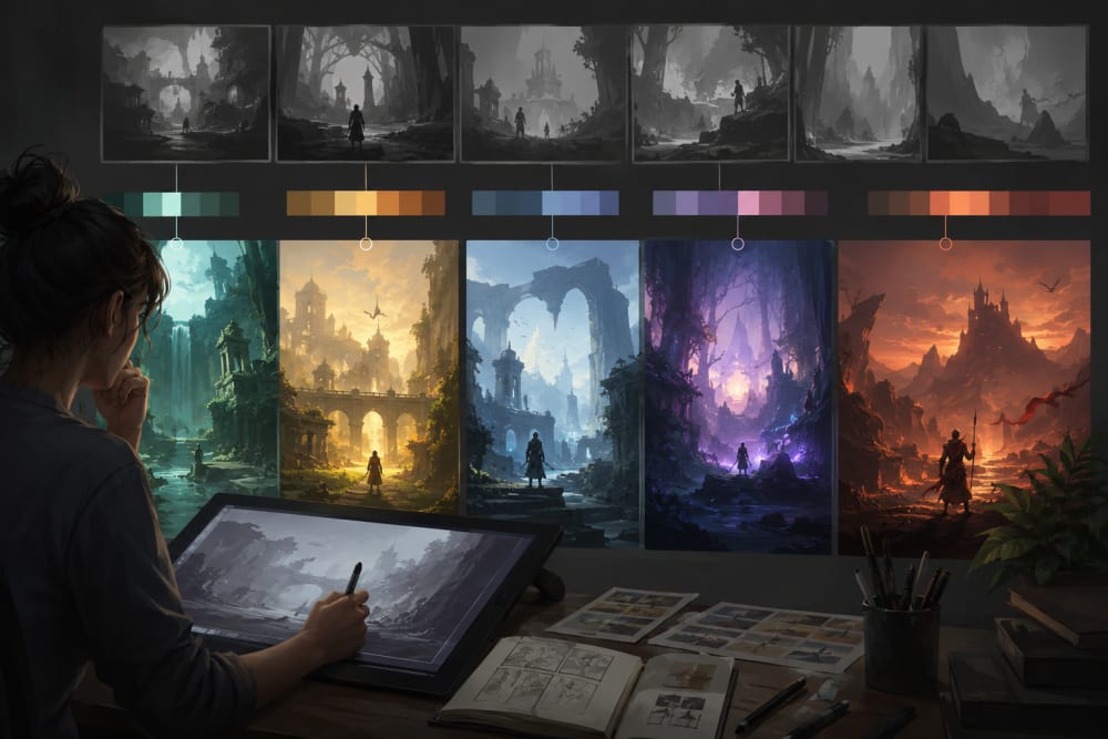 Ilustración sobre La importancia del Color Script — Qué es Color Script: Su importancia en el Arte Digital