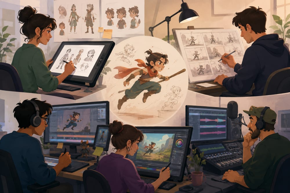 Ilustración sobre Roles profesionales en un estudio de Animación 2D — Conoce los roles profesionales dentro un estudio de Animación 2D