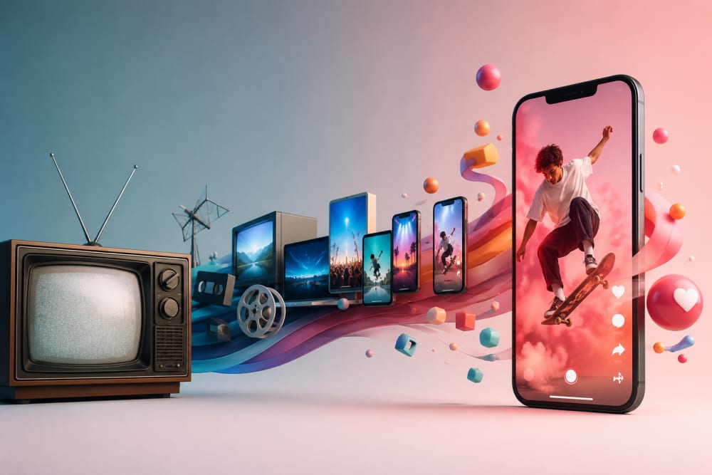 Ilustración sobre 2. De la televisión a TikTok: evolución y expansión — Motion graphics: la herramienta clave para destacar como diseñador digital en 2025
