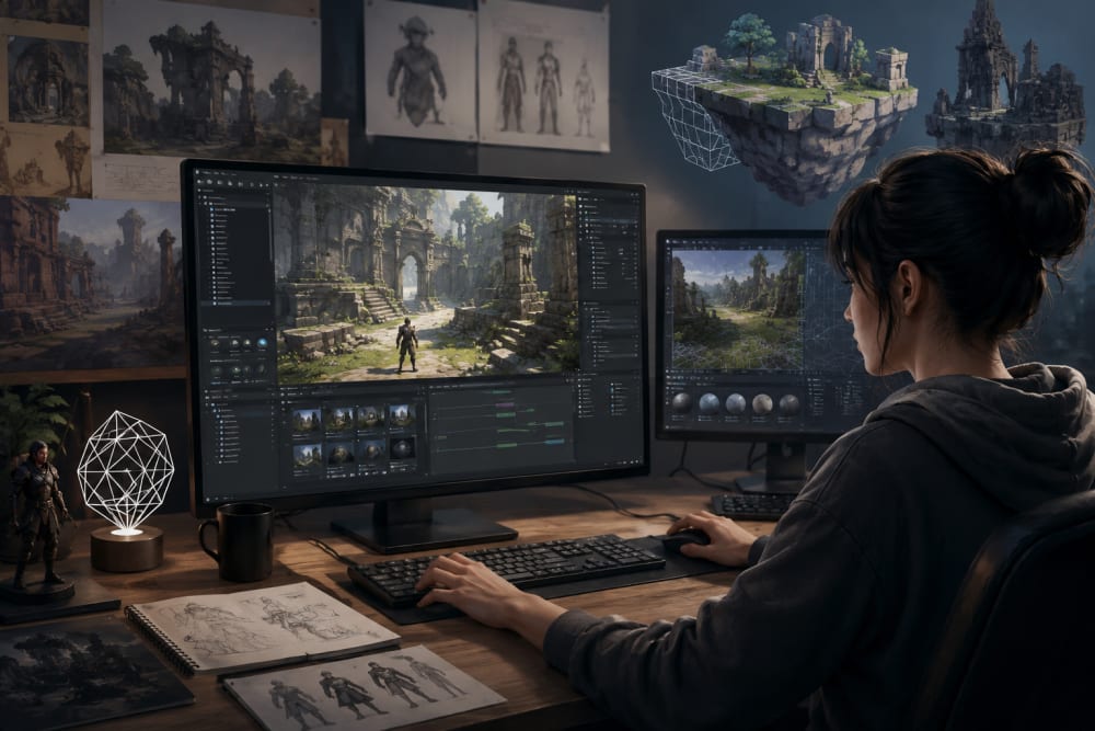 Ilustración sobre 2. Aprender a trabajar con motores como Unity o Unreal — 6 claves para dominar el desarrollo de videojuegos