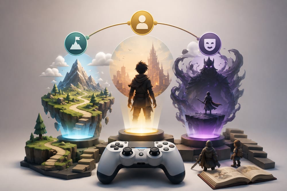 Ilustración sobre 3. Recursos narrativos más usados en videojuegos exitosos — Narrativa visual: el arte oculto detrás de los videojuegos más vendidos