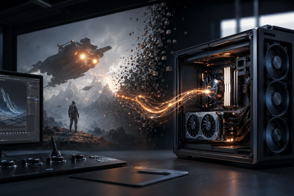 Ilustración sobre 2. Hardware de alto rendimiento: El combustible de tus simulaciones — Simulaciones complejas, explicaciones claras: Dominando Houdini en el Campus de Madrid