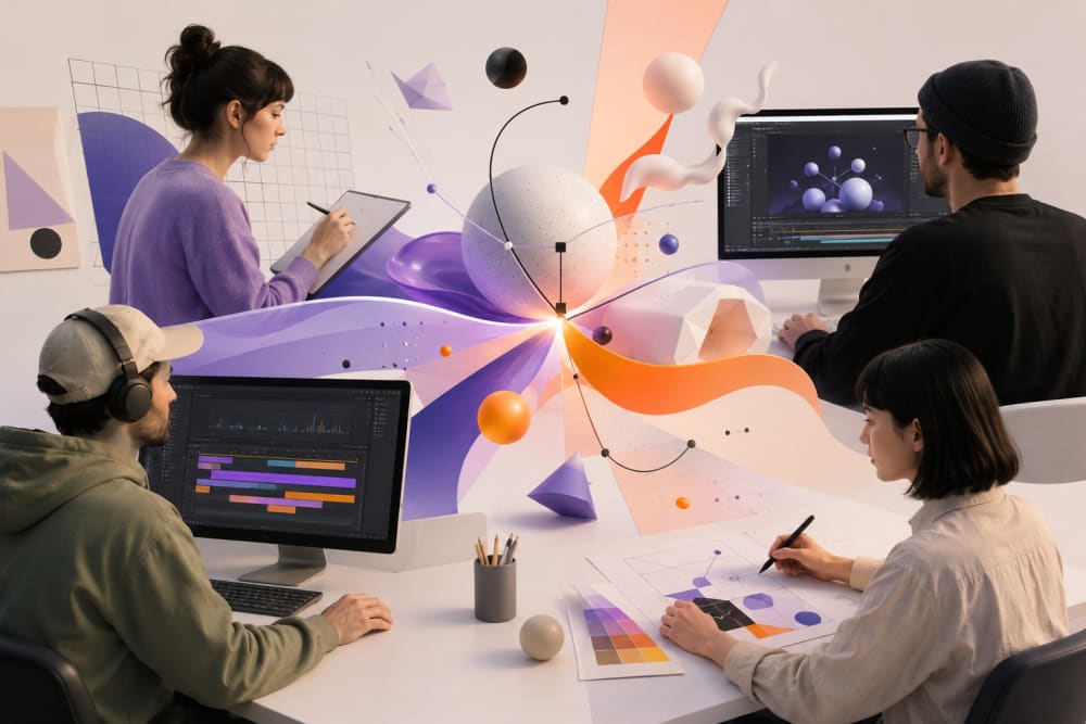 Ilustración sobre Intersección de Áreas: El Motion Graphics Colaborativo — Más allá del 16:9: Diseñando Motion Graphics para pantallas gigantes y entornos XR