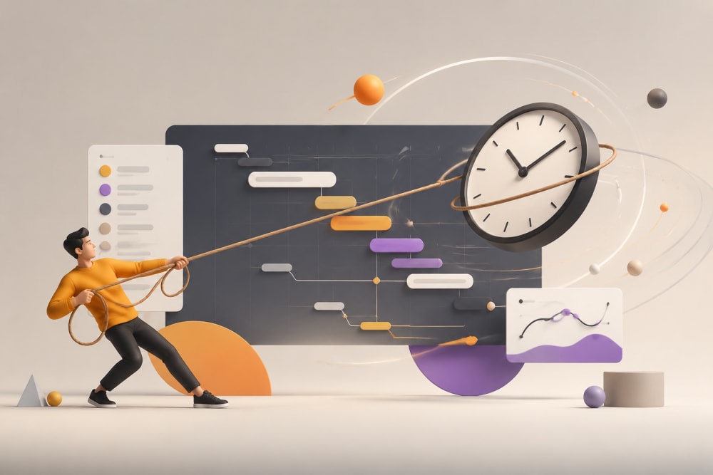 Ilustración sobre 2. El cronograma de entrega (Timeline): El arte de domar el tiempo — Más allá del Key Visual: Cómo un Director de Arte gestiona cronogramas y presupuestos reales en agencia