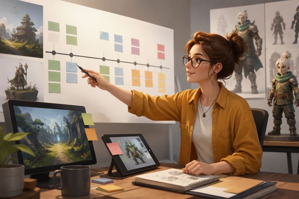 Ilustración sobre «Está todo muy organizado en cuanto a las fechas de entrega y las revisiones con cliente.» – Ana Rubio — Masterclass de Twin Pines, ganadores del Goya a los Mejores Efectos Especiales por «Modelo 77»