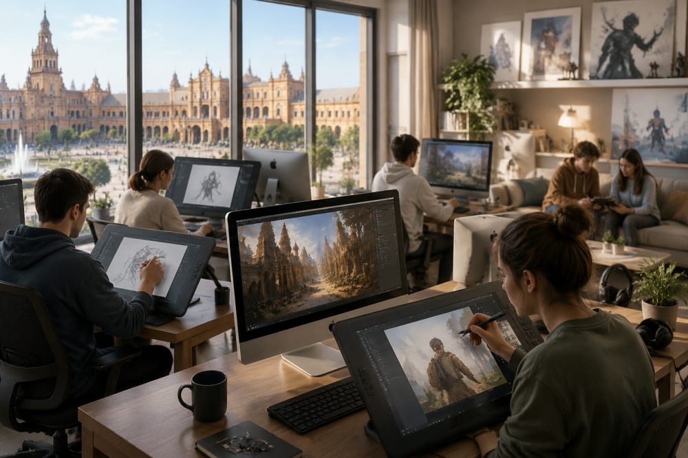 Ilustración sobre La nueva sede, ubicada en plena Plaza de España y que estará muy cerca de la actual Escuela, contará con amplias aulas y espacios de trabajo para los alumnos y alumnas que quieran desarrollar sus proyectos en las instalaciones. Las aulas estarán preparadas al 100% y a punto para la próxima convocatoria de octubre 2021, con equipos de alta calidad, entre los que encontraremos ordenadores de mesa iMac y tabletas gráficas Cintiq, que trabajan sobre equipamiento de alto rendimiento HP, además de un entorno ideal para desarrollar cualquier tipo de proyecto de la mejor manera posible. ¡Te sentirás como en casa! — Trazos abre una nueva sede en Plaza de España
