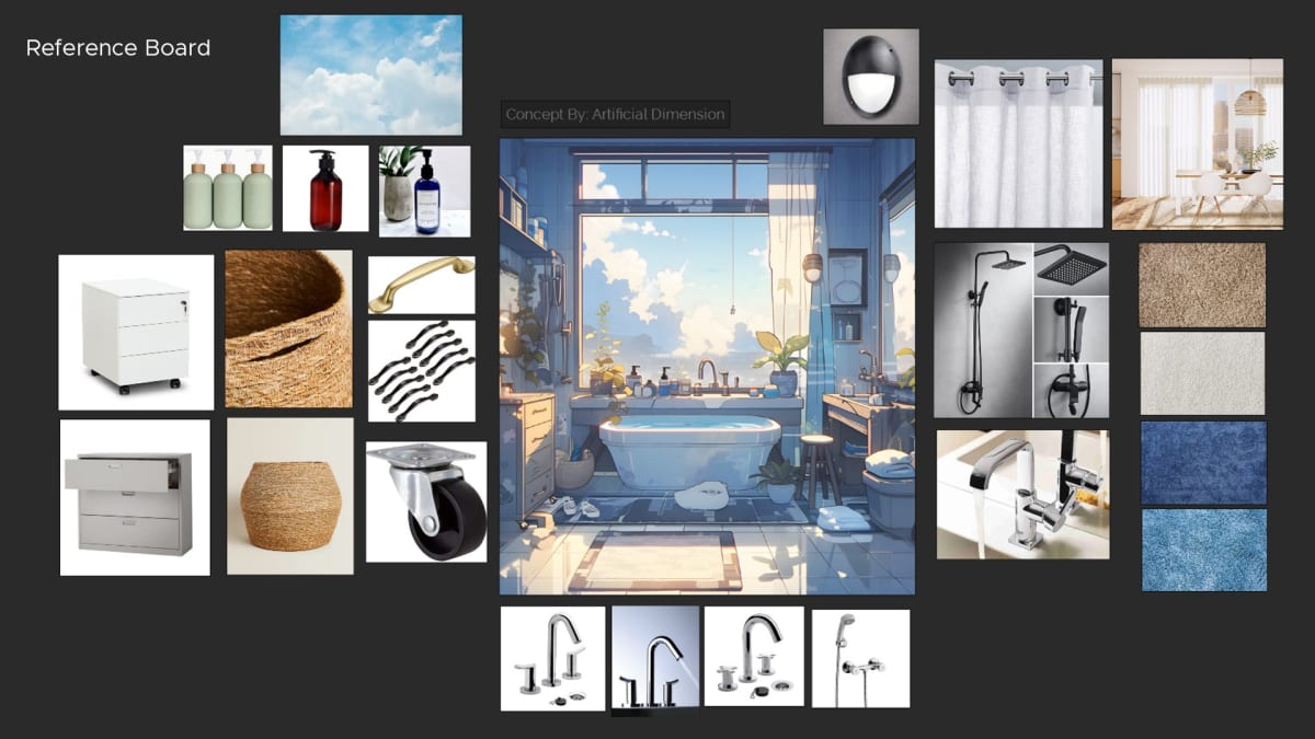 Moodboard de referencias para un cuarto de baño ilustrado en 3D, con grifería, texturas y objetos de decoración, parte del proyecto 3D Environment Art de Karina Paulet Potestá, alumna de TRAZOS, publicado en The Rookies.