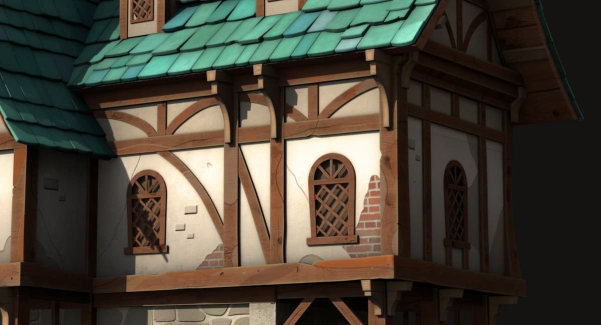 Modelado 3D de fachada de casa medieval con entramado de madera y tejado verde, obra de Karina Paulet Potestá para el curso de 3D Animation de TRAZOS incluida en su portfolio de The Rookies.