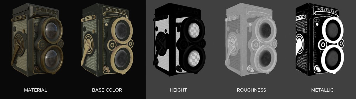 Mapas de texturas PBR de una cámara Rolleiflex en 3D (material, base color, height, roughness y metallic) creados por Karina Paulet Potestá, alumna de la escuela TRAZOS, para su proyecto de 3D Environment Art publicado en The Rookies.