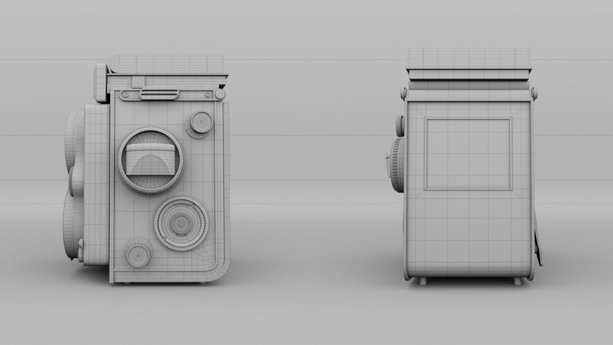 Modelado 3D en wireframe de una cámara fotográfica vintage con vistas lateral y trasera, trabajo de Karina Paulet Potestá para el proyecto «3D Environment Art - A compilation» realizado en TRAZOS, escuela de artes digitales en Madrid.