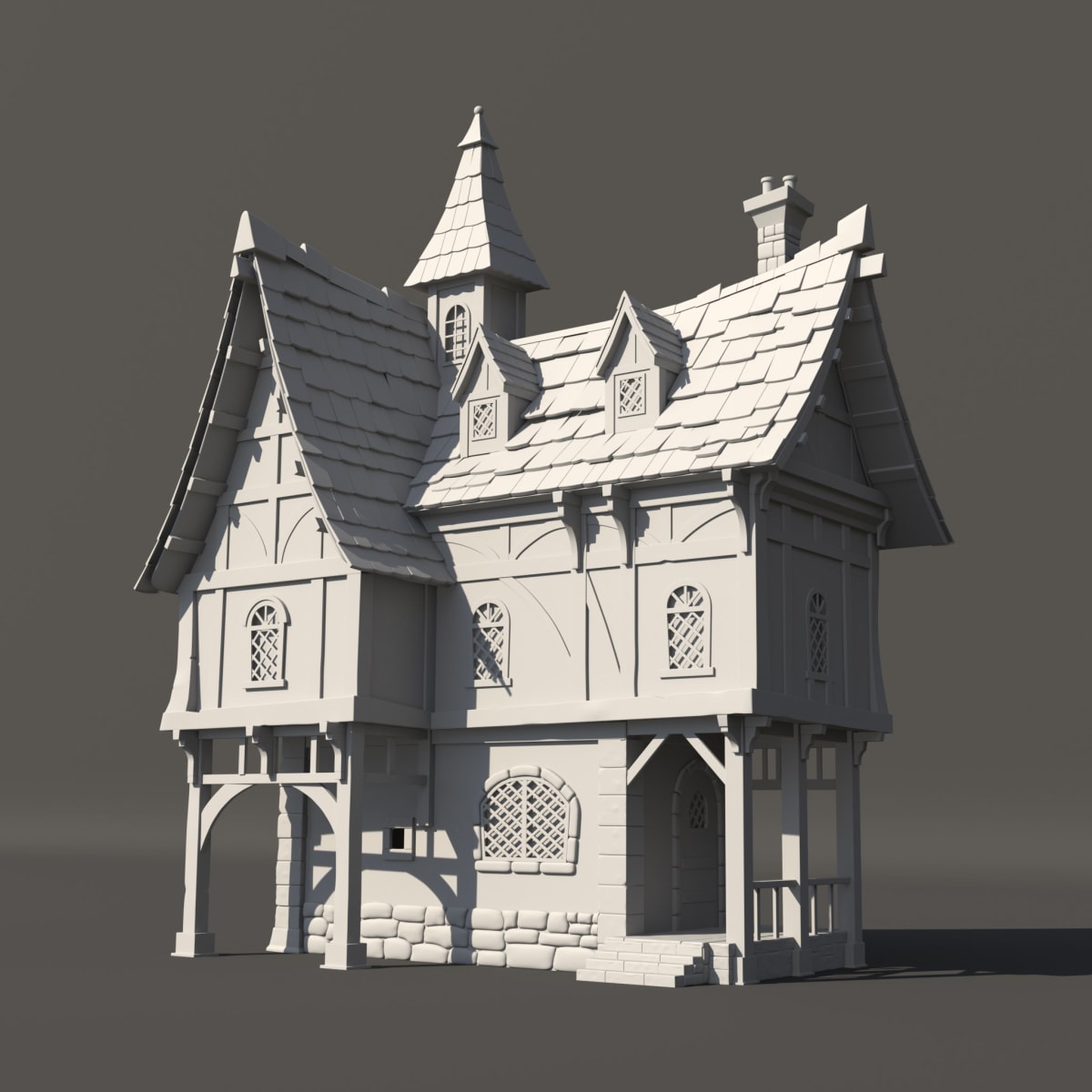 Modelado 3D sin texturizar de una casa medieval de estilo entramado con torreón, perteneciente al proyecto «3D Environment Art - A compilation» de Karina Paulet Potestá, alumna de la escuela de artes digitales TRAZOS.