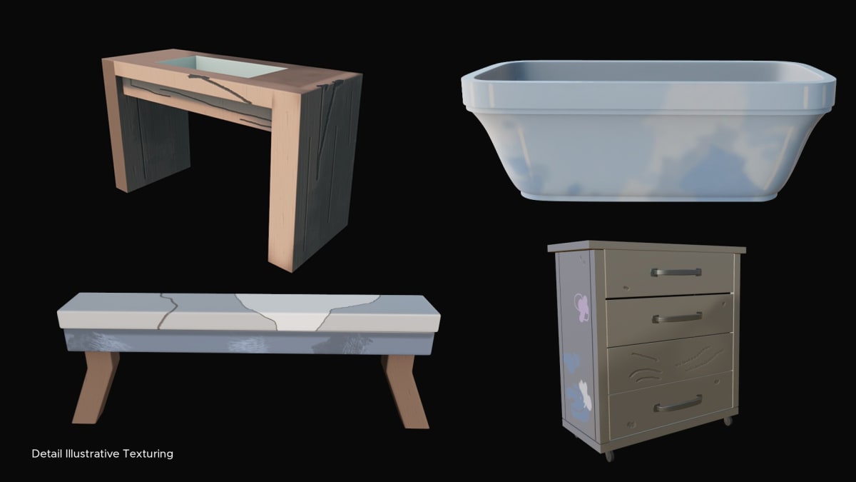 Modelado y texturizado 3D de mobiliario (mesa, bañera, banco y cómoda) del proyecto 3D Environment Art de Karina Paulet Potestá, alumna de TRAZOS, mostrado en The Rookies.