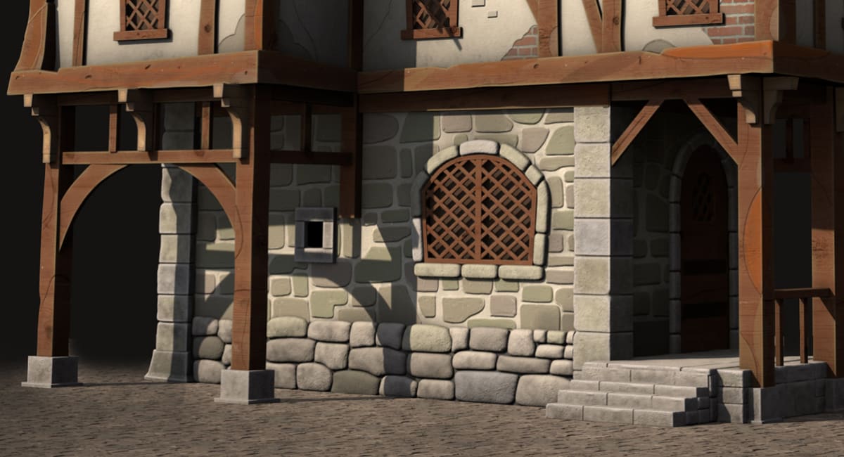 Modelado 3D de fachada medieval con entramado de madera y muro de piedra, obra de Karina Paulet Potestá para el proyecto 3D Environment Art, alumna de la escuela de artes digitales TRAZOS.