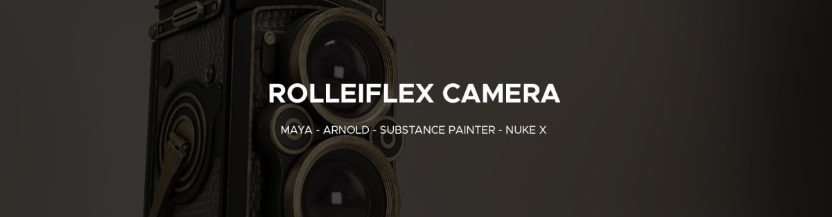 Modelado 3D de una cámara Rolleiflex realizado con Maya, Arnold, Substance Painter y Nuke X por Karina Paulet Potestá, alumna de TRAZOS, en su trabajo de 3D Environment Art publicado en The Rookies.