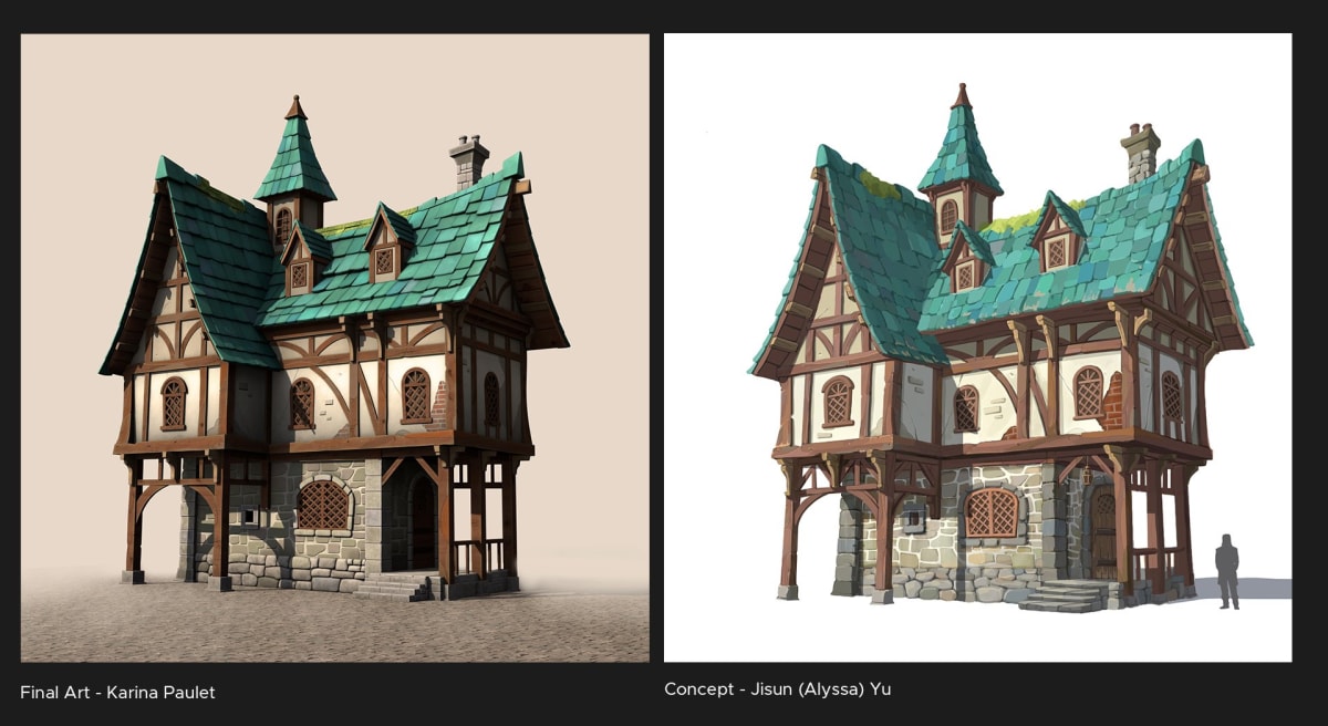 Comparativa de arte conceptual y modelado 3D final de una casa medieval de entramado de madera con tejado verde, obra de Karina Paulet Potestá para su proyecto de 3D Environment Art realizado en TRAZOS.