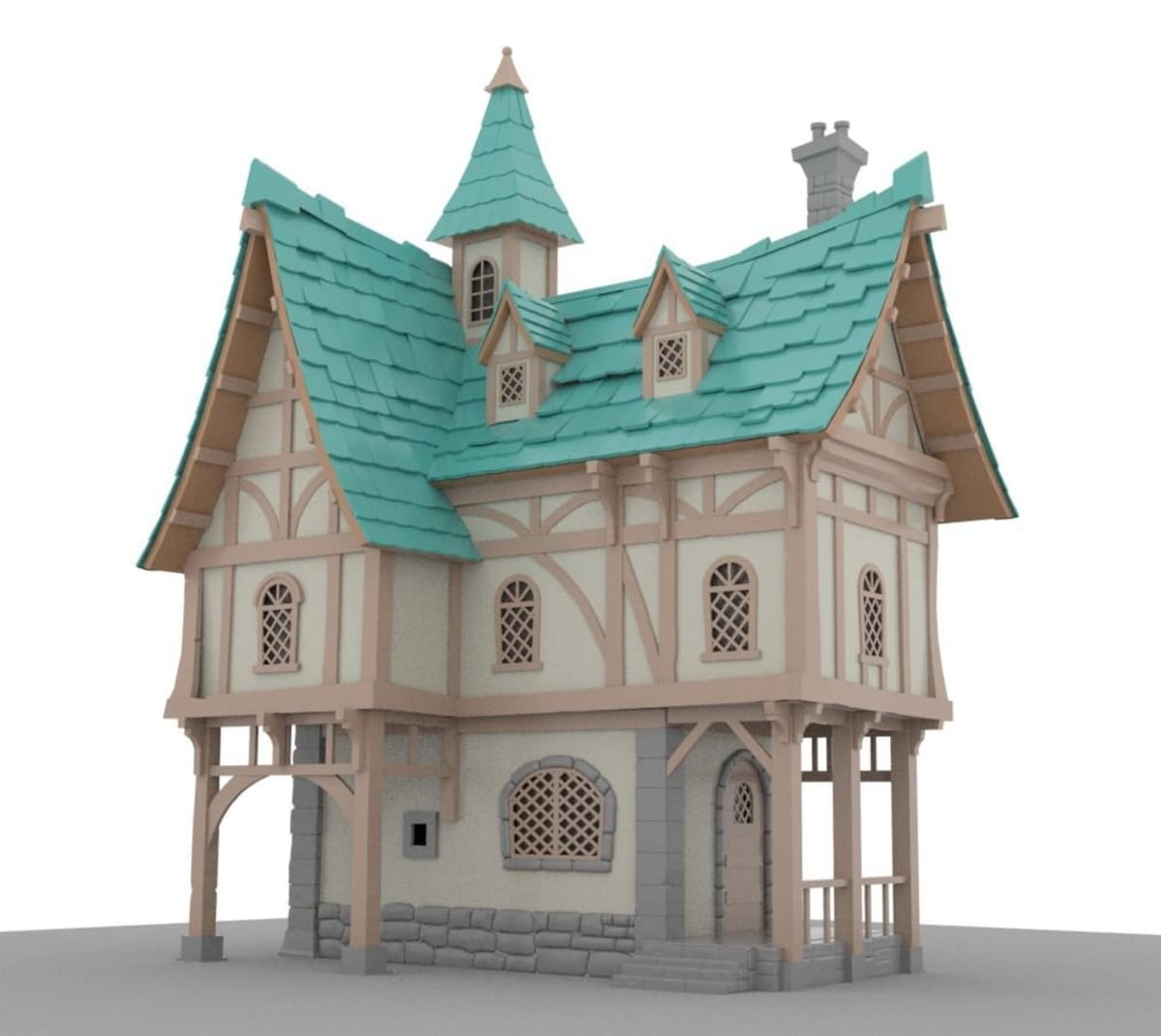 Modelado 3D de una casa medieval de estilo fantástico con tejado verde y entramado de madera, obra de Karina Paulet Potestá para su proyecto de 3D Environment Art, alumna de la escuela de artes digitales TRAZOS.