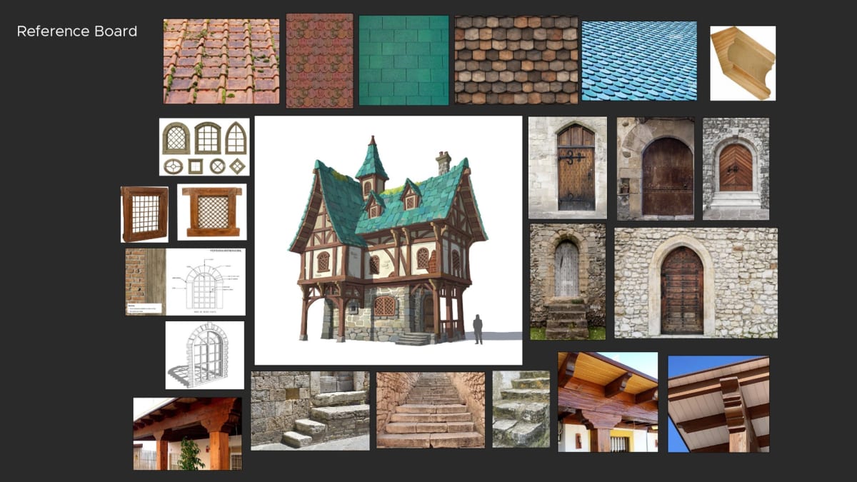 Moodboard de referencias de texturas de tejados, puertas medievales y estructuras de madera para el diseño 3D de una casa de fantasía, trabajo de Karina Paulet Potestá para TRAZOS en The Rookies.