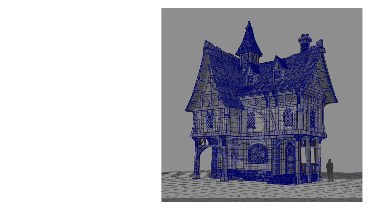 Modelado 3D en wireframe de una casa medieval con tejados a dos aguas y torreón, obra de Karina Paulet Potestá para el proyecto 3D Environment Art realizado en TRAZOS, escuela de artes digitales en Madrid.