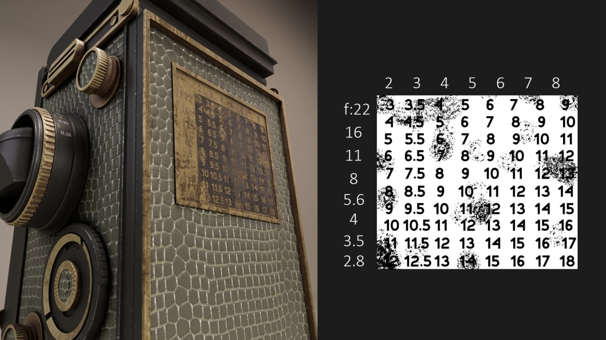 Render 3D hiperrealista de una cámara fotográfica vintage con textura de cuero y tabla de exposición fotométrica, trabajo de 3D Environment Art de Karina Paulet Potestá, alumna de la escuela de artes digitales TRAZOS.