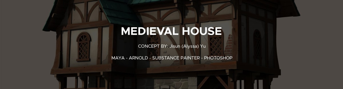 Modelado 3D de una casa medieval con texturizado en Maya, Arnold y Substance Painter, proyecto de Karina Paulet Potestá, alumna de TRAZOS, escuela de artes digitales en Madrid.