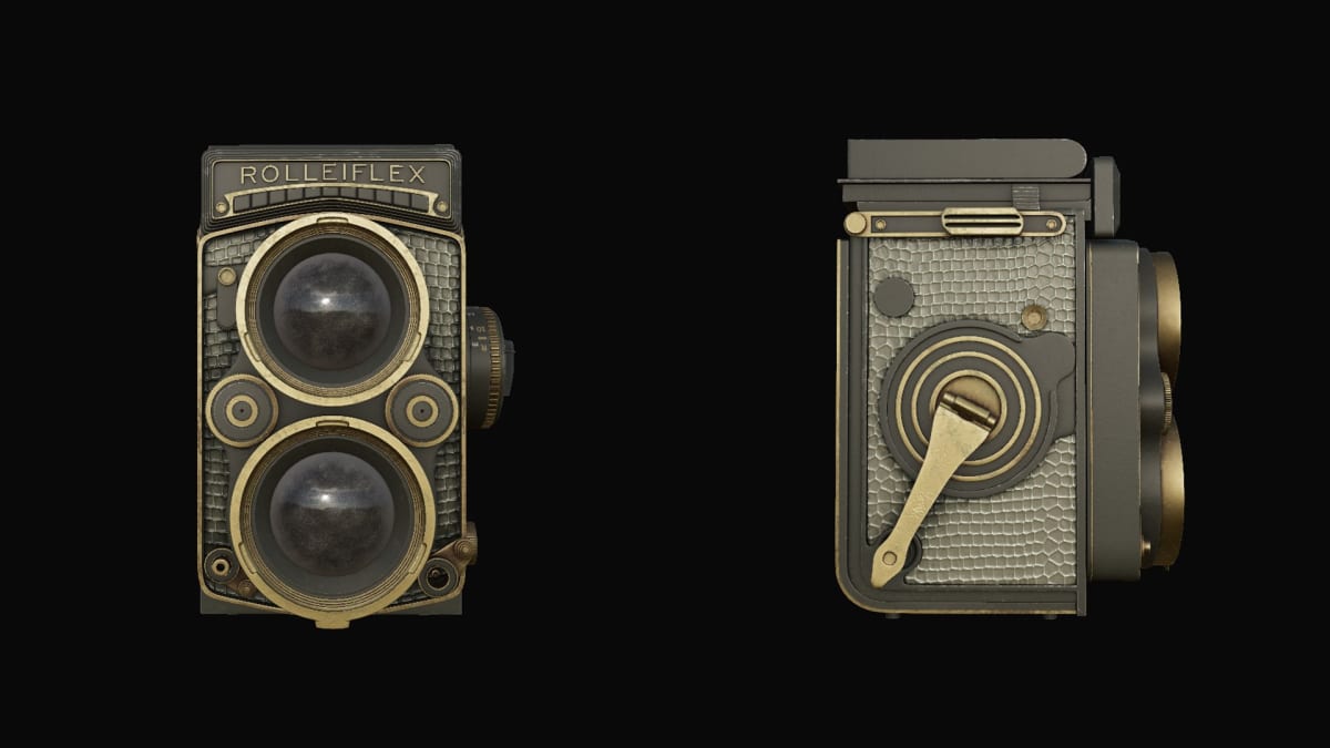 Modelado 3D de una cámara Rolleiflex vintage con texturizado realista de cuero y latón, obra de Karina Paulet Potestá para el curso de 3D Animation de TRAZOS.