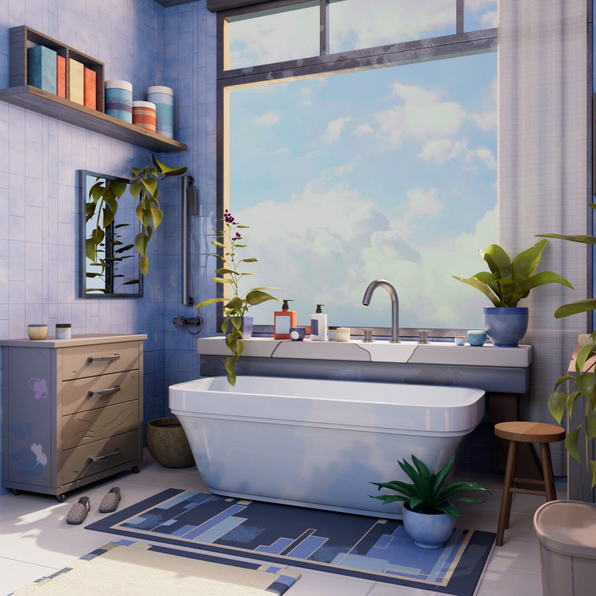 Ilustración 3D de un cuarto de baño con bañera exenta y vistas al cielo, obra de Karina Paulet Potestá para su proyecto de 3D Environment Art, realizado en TRAZOS, escuela de artes digitales en Madrid.