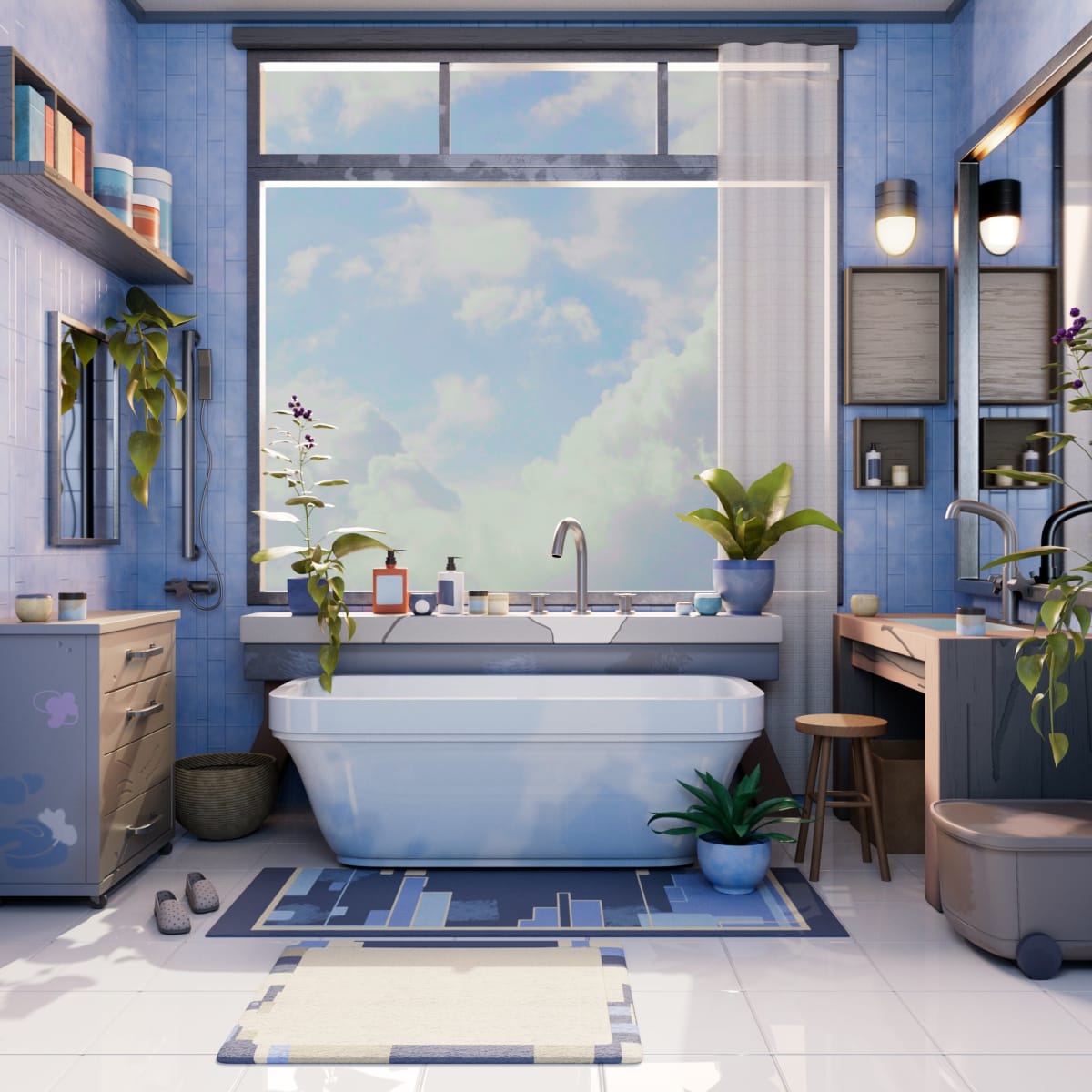 Renderizado 3D de un cuarto de baño con azulejos azules, bañera exenta y vista al cielo, obra de Karina Paulet Potestá para su proyecto 3D Environment Art, alumna de la escuela de artes digitales TRAZOS.
