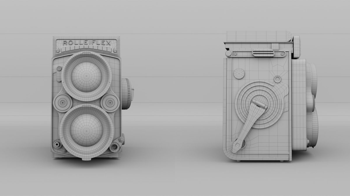 Modelado 3D en wireframe de una cámara Rolleiflex vintage, trabajo de Karina Paulet Potestá para el curso de 3D Animation en TRAZOS, escuela de artes digitales en Madrid.