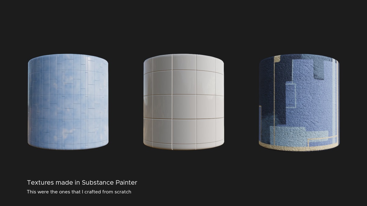 Texturas PBR creadas desde cero en Substance Painter sobre cilindros de prueba, ejercicio de 3D Environment Art de Karina Paulet Potestá, alumna de TRAZOS, escuela de artes digitales en Madrid.