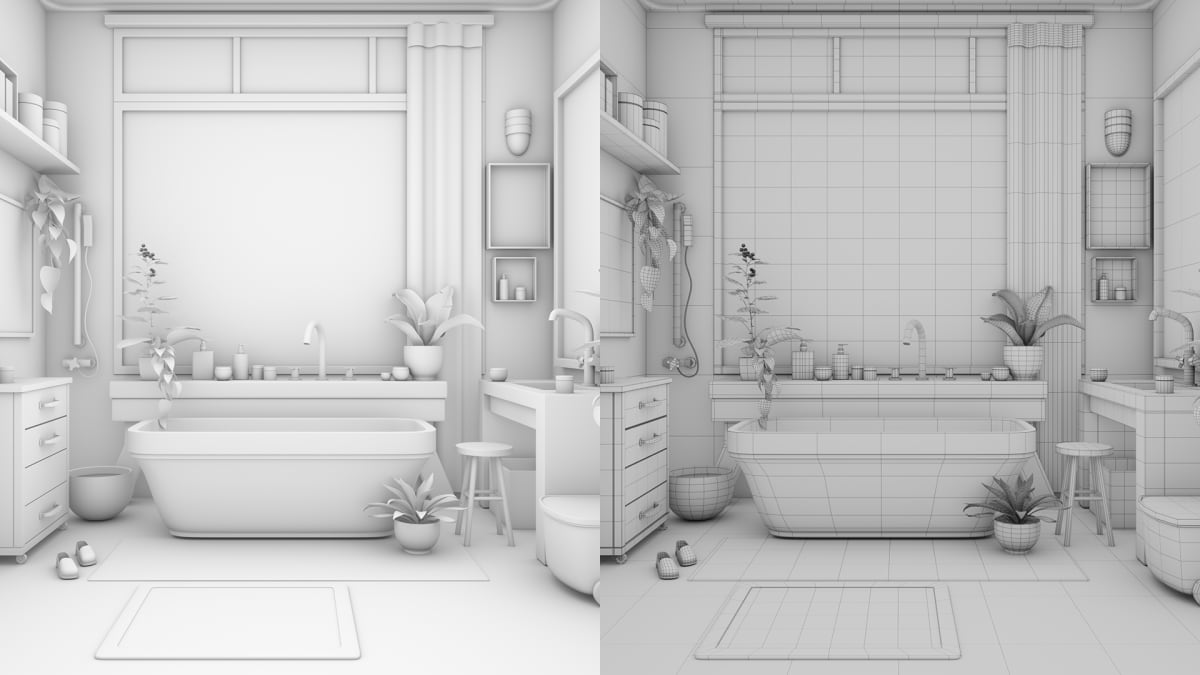 Render 3D en clay y wireframe de un cuarto de baño con bañera exenta, perteneciente al proyecto «3D Environment Art - A compilation» de Karina Paulet Potestá, alumna de la disciplina 3D Animation en TRAZOS, escuela de artes digitales en Madrid.