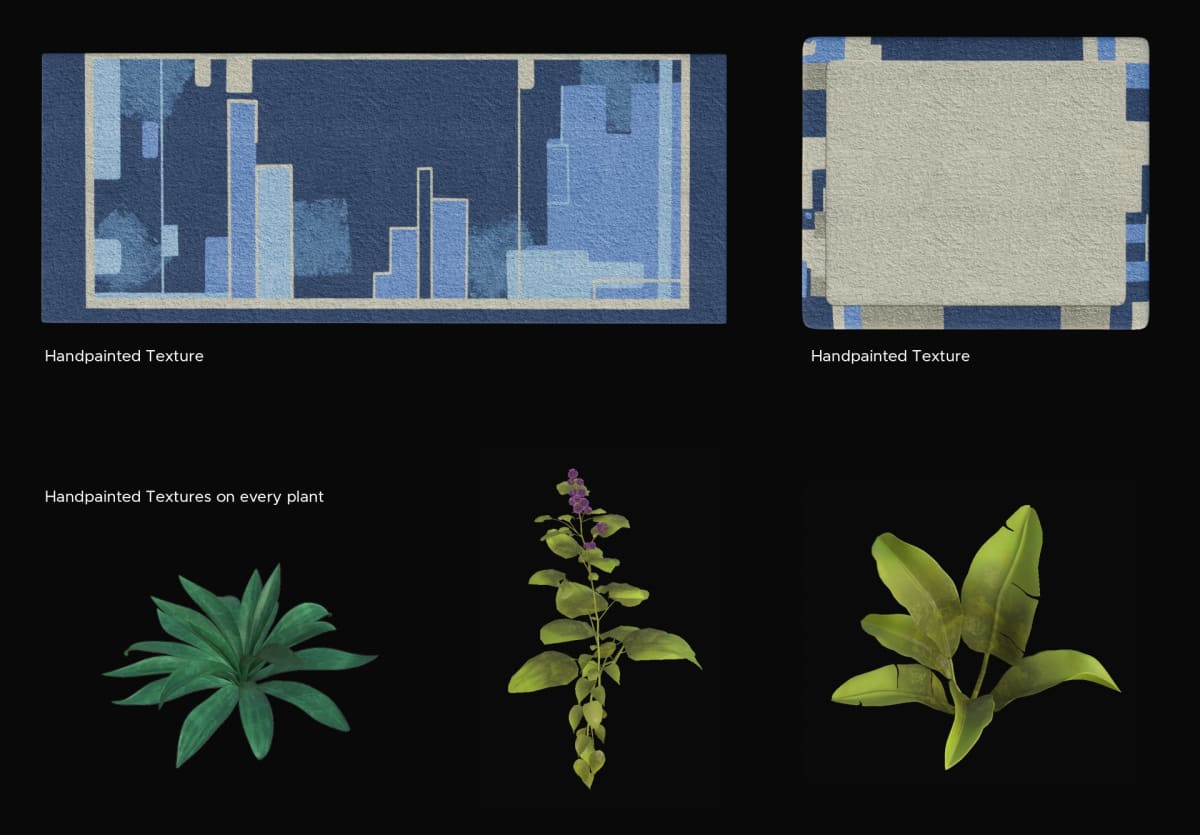 Texturas pintadas a mano y modelos 3D de plantas con shaders de hoja, parte del proyecto 3D Environment Art de Karina Paulet Potestá, alumna de la escuela de artes digitales TRAZOS.
