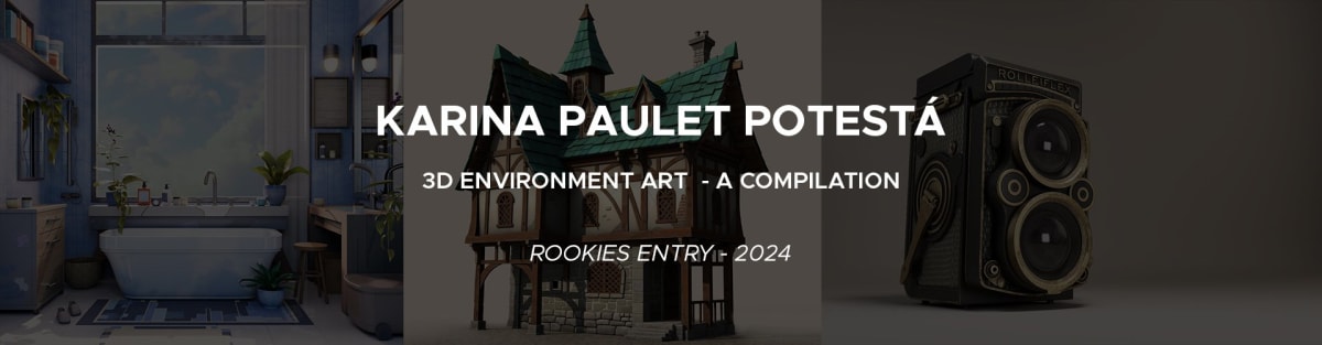 Recopilación de entornos 3D con baño realista, casa medieval y cámara Rolleiflex creados por Karina Paulet Potestá, alumna de TRAZOS, para su entrada en The Rookies 2024.