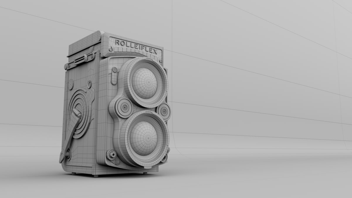 Modelado 3D en wireframe de una cámara Rolleiflex vintage, trabajo del curso de 3D Animation de Karina Paulet Potestá, alumna de TRAZOS, publicado en The Rookies.