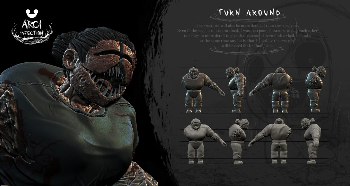 Turn around 3D de criatura mutante para el proyecto ARCI Infection de Samir Jhoel Caldas Ballona, alumno de la escuela de artes digitales TRAZOS, mostrando el modelado y escultura digital del personaje desde múltiples ángulos.