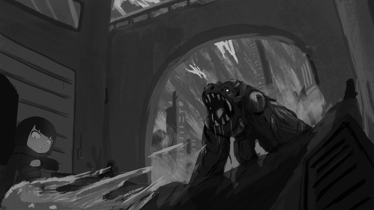 Concept art en escala de grises de una criatura monstruosa irrumpiendo junto a una niña asustada, obra de Samir Jhoel Caldas Ballona para el proyecto ARCI INFECTION, alumno de la escuela de artes digitales TRAZOS.