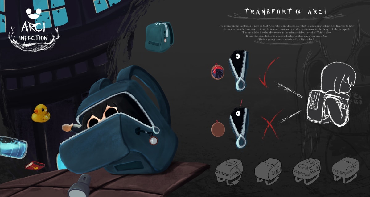 Concept art del diseño de mochila con espejo integrado del personaje Arci para el proyecto «ARCI Infection» de Samir Jhoel Caldas Ballona, alumno de la escuela de artes digitales TRAZOS, publicado en The Rookies.